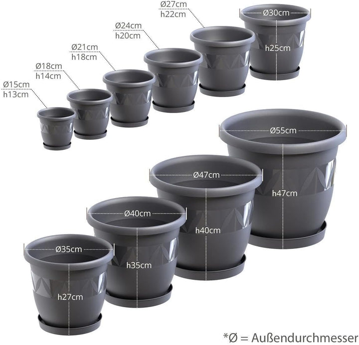 Plastard Blumentöpfe 5er Set 30 cm Durchmesser Anthrazit runder Pflanzkübel mit Untersetzer aus Kuns