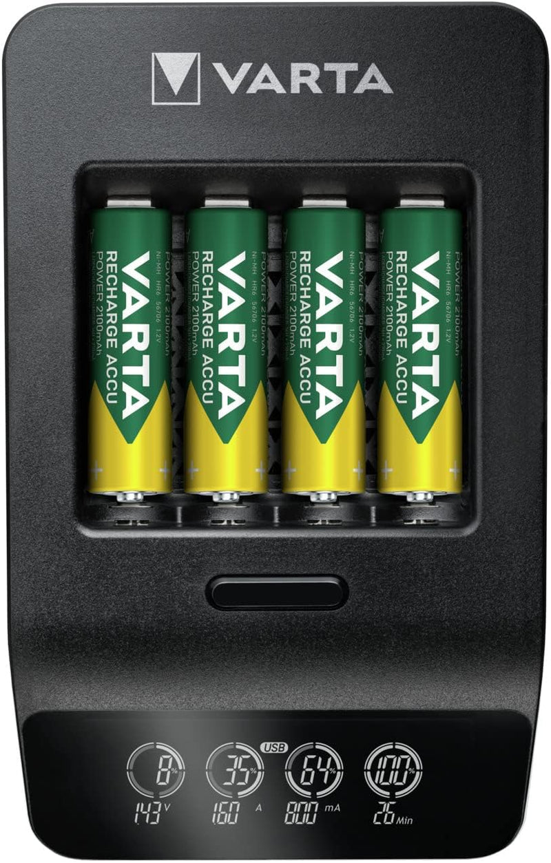 VARTA Akku Ladegerät, inkl. 4x AA 2100mAh, Batterieladegerät für wiederaufladbare AA/AAA, LCD Smart