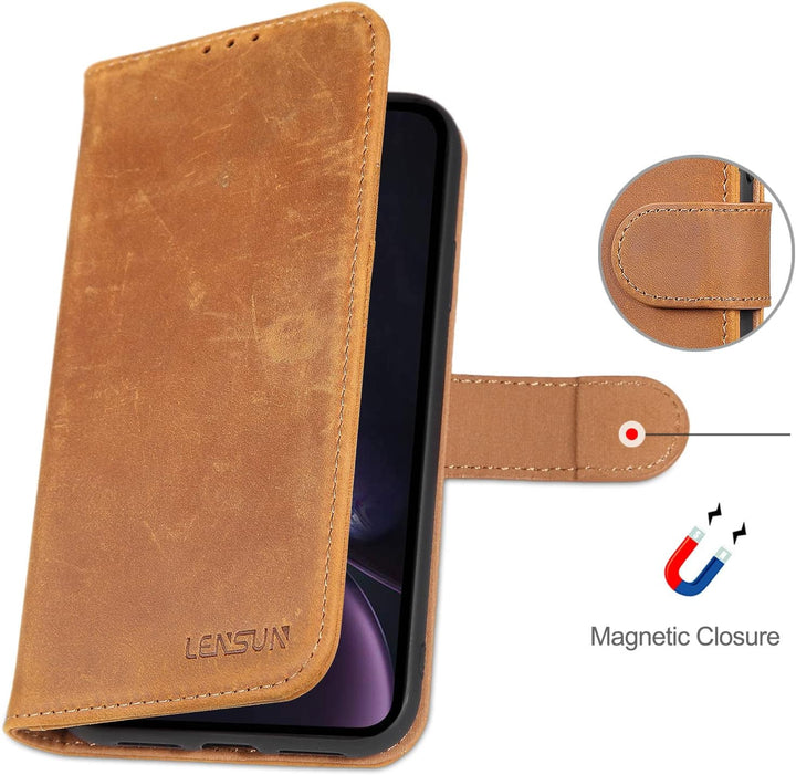 LENSUN Echtleder Hülle für iPhone XR, Handyhülle [Echtes Leder][Magnetverschluss][RFID Schutz] Handy