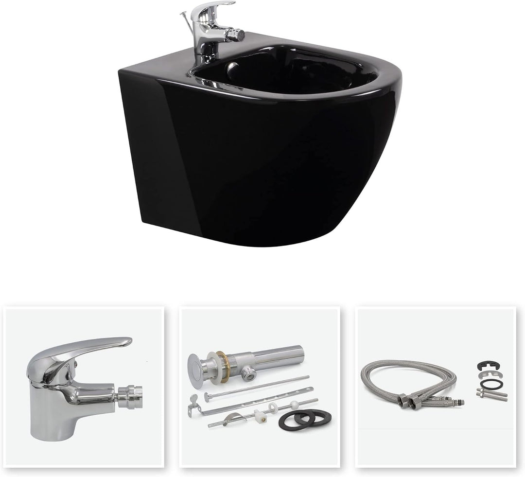 i-flair Wand-Hänge Bidet Franco mit Mischbatterie und Wandbefestigung - Schwarz, Schwarz