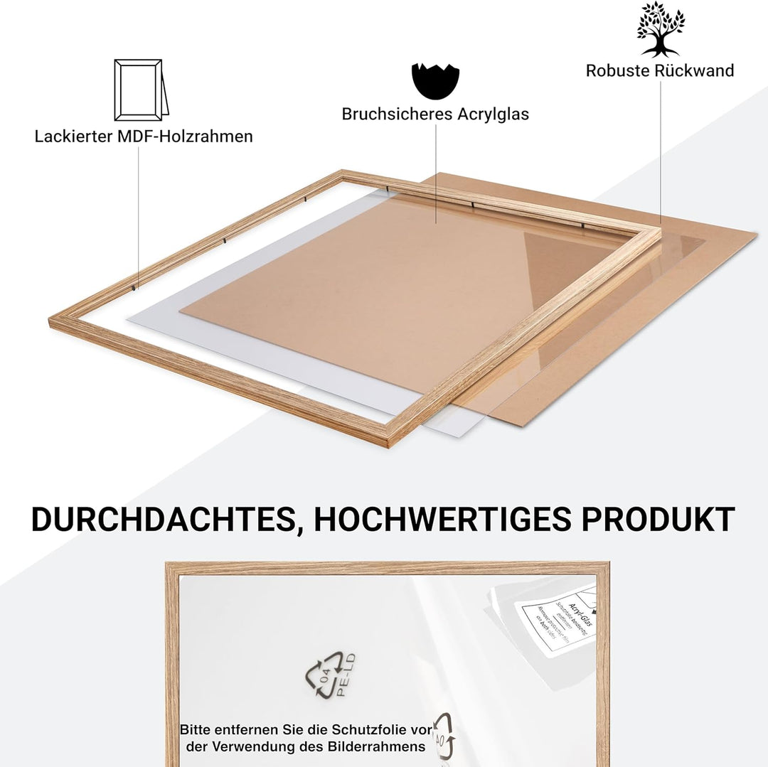 CABBEL 1x Bilderrahmen 60x60 cm Eiche Rahmen 1-Pack | Dokumentenrahmen, Collage, Poster | MDF Holz-P