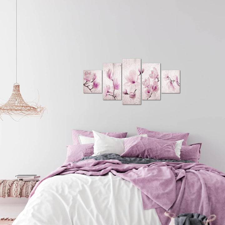 Runa Art Wandbilder Blumen Magnolien 5 Teilig Bild auf Vlies Leinwand Deko Wohnzimmer Abstrakt Grau