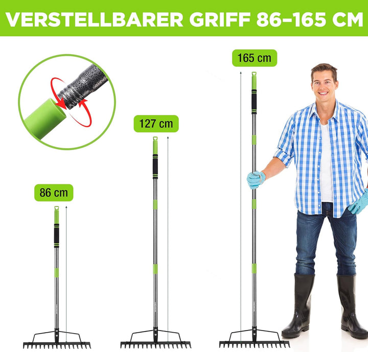 WORKPRO Bogenrechen Garten mit Stiel, 17 Zinken Rechen, Verstellbare & Abnehmbare Harke 86–165 cm, S