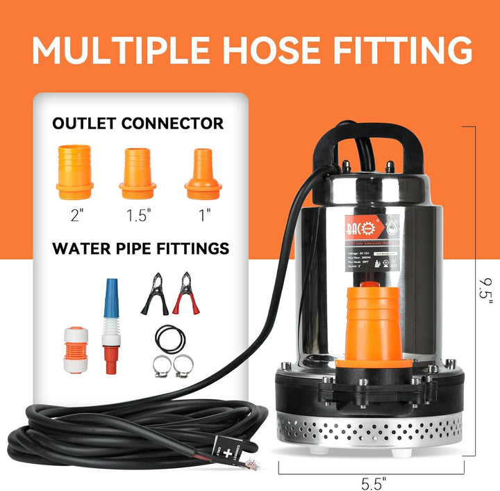 BACOENG DC 12V Tauchpumpe Solar Wasserpumpe mit 3 Connectors, Geeignet zum Pumpen von Sauberem/Schmu
