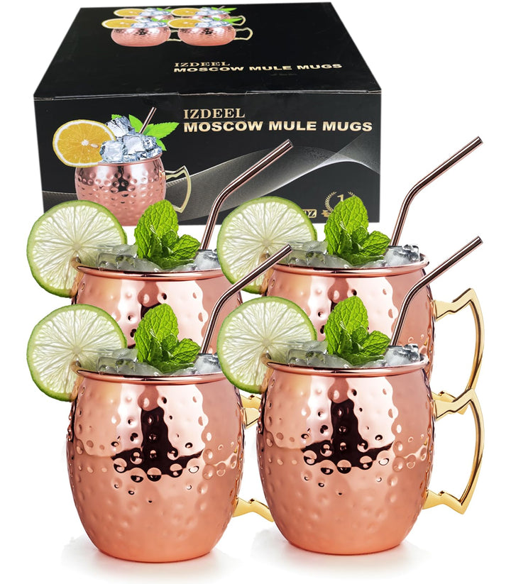 izdeel Moscow Mule Becher 550ml Kupferbecher mit 4 Strohhalme, Cocktail Kupfer Gin Gläser aus Lebens