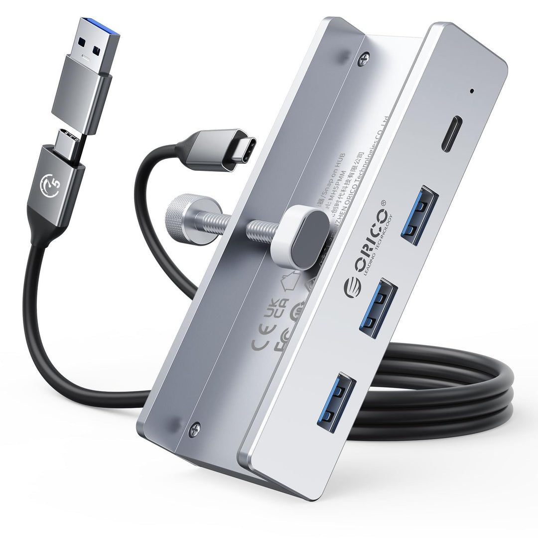 ORICO USB Hub, Aluminum USB 3.0 Hub Clip mit 5V Stromversorgungsanschluss, 5Gbps 4 Port USB Verteile