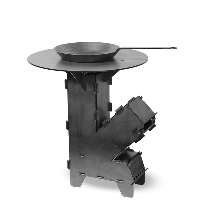Czaja Raketenofen mit Grillplatte 5 mm dick und Eisen Bratpfanne - Rocket Stove Stecksystem aus mass