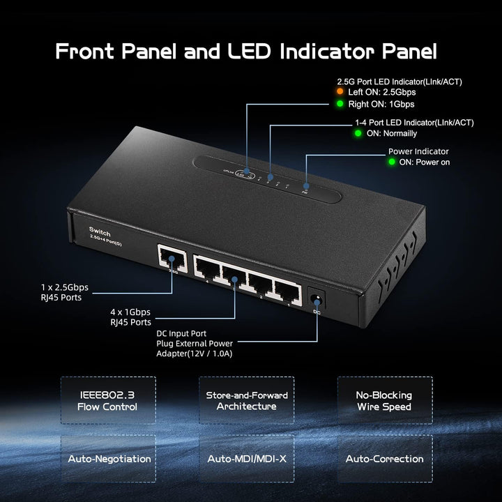 Binardat 5 Port Multi Gigabit Switch, 1 x 2.5 Gigabit and 4 x 1 Gigabit Ethernet RJ-45 Ports, Metal