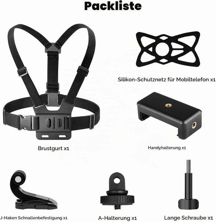 AKASO 6 in 1 Action Cam Brustgurt Kit, kompatibel mit EK7000/EK7000 Pro/Brave 4/Brave 4 Pro/Brave 7