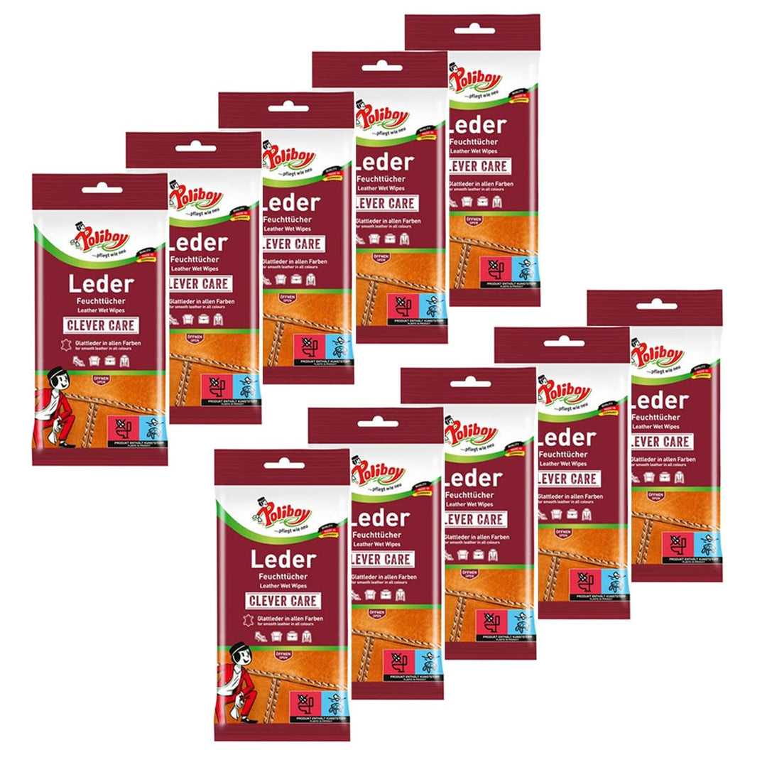 Poliboy - Leder Feuchttücher - perfekte Reinigung für Glatt- und Kunstleder - 10er Pack - 10x20 Tüch