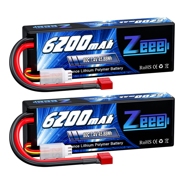 Zeee 2S Lipo Akku 7,4V 80C 6200mAh mit Deans Steck Hardcase RC Batterie für RC Auto RC Flugzeug RC H
