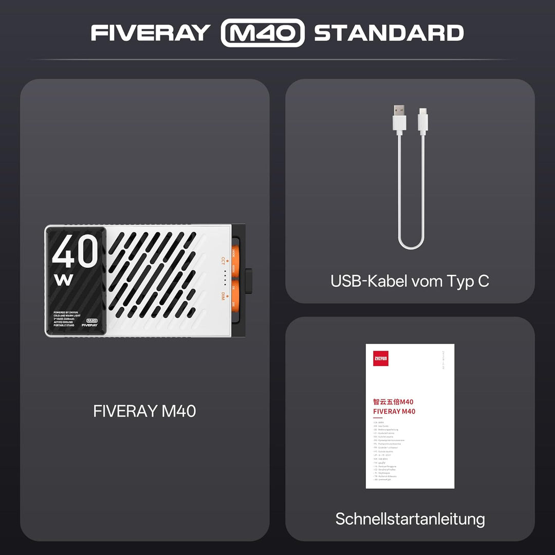 ZHIYUN FIVERAY M40 LED Videoleuchte [Official], 40W Videolicht mit 14000 Lux und 2700-6200K, CRI 96+