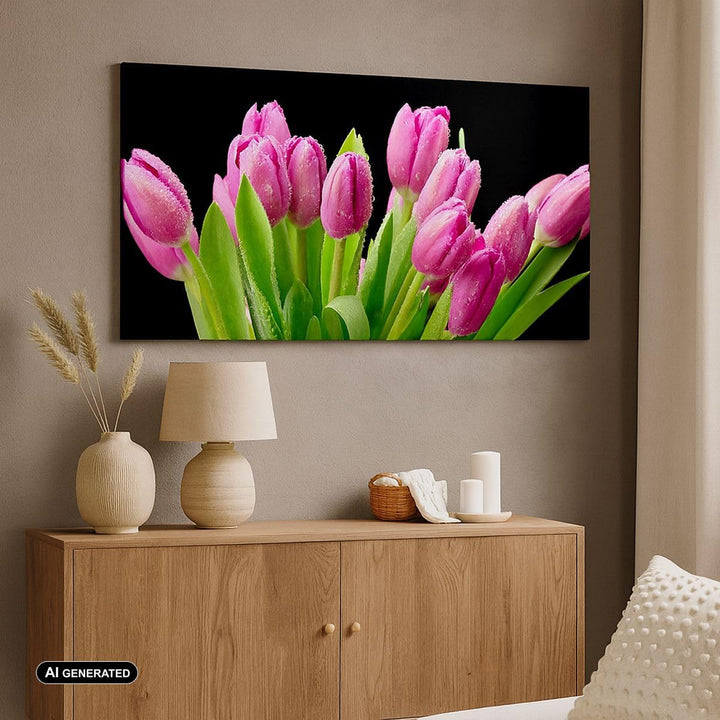 Wandbilder Dekoration Wohnzimmer Tulpen Blumenstrauss Tau Tropfen Panorama Bilder auf Leinwand 120x5