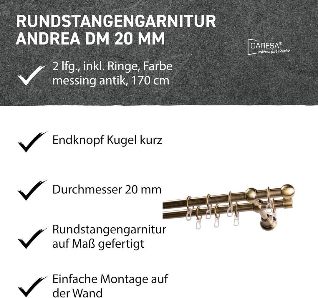 Garesa Gardinenstange Andrea Ø 20mm, 2-läufig, Messing, antik I Stabile Vorhangstange inkl. Ringe +
