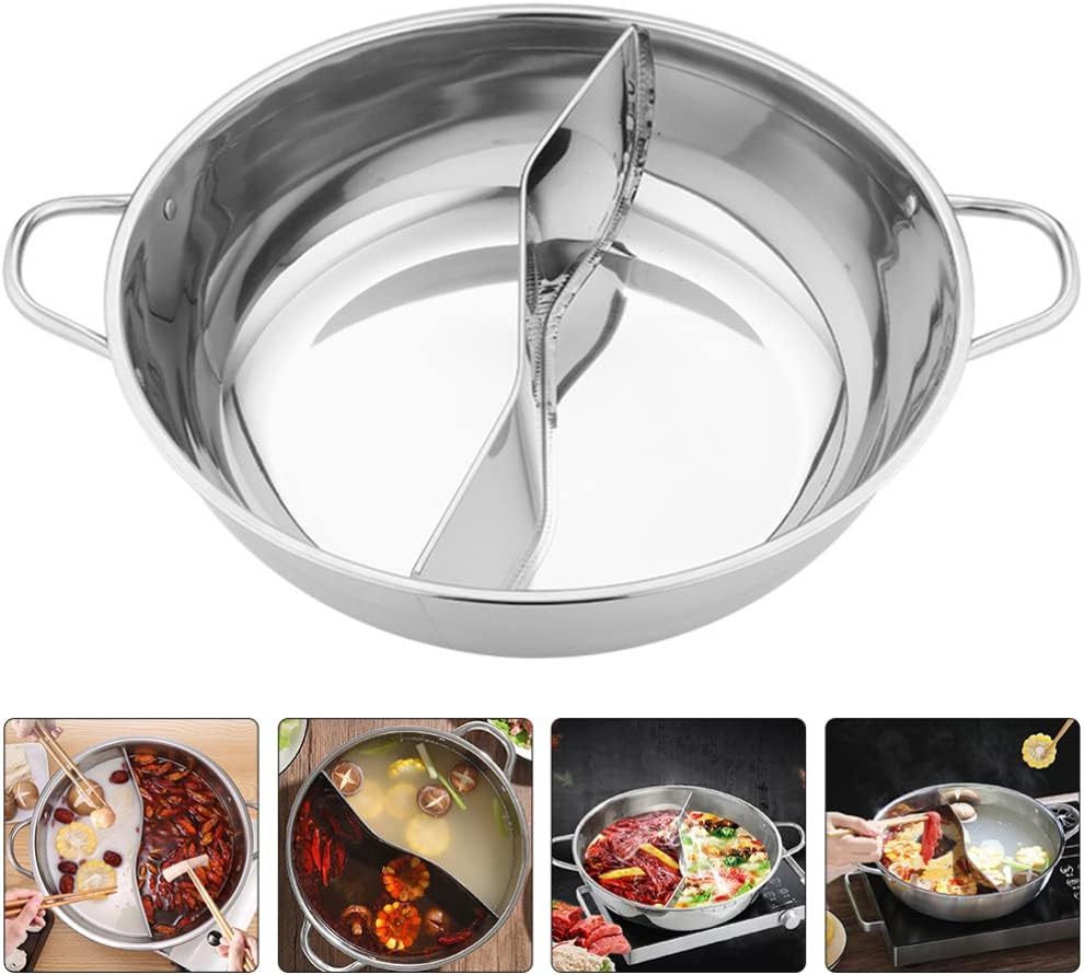 BESTonZON Edelstahl Hot Pot mit Trennwand, 32cm Geteilter Shabu Shabu Topf für Induktion & Gasherd,