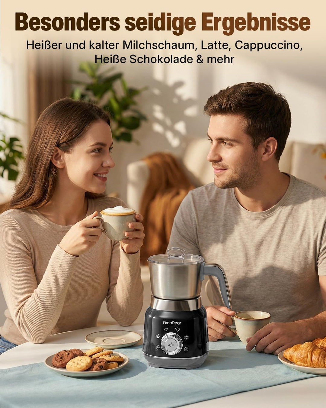 Milchaufschäumer Elektrisch 6 in 1, 500 ML Heisser & kalter Milchschaum, 630W Milchschäumer aus Edel