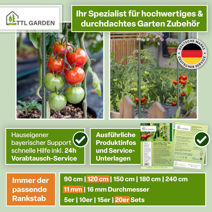 TTL GARDEN Rankstäbe 20er Set 120cm x 11mm Ø grün - Rankhilfe Pflanzstäbe + Klettband + Clips - Stah