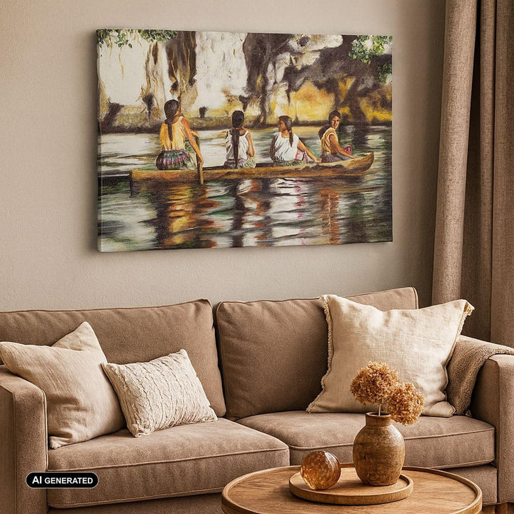 Bilder auf Leinwand Frau Wasser Boot Leinwandbild mit Rahmen 70x50cm Wandbilder Dekoration Wohnzimme
