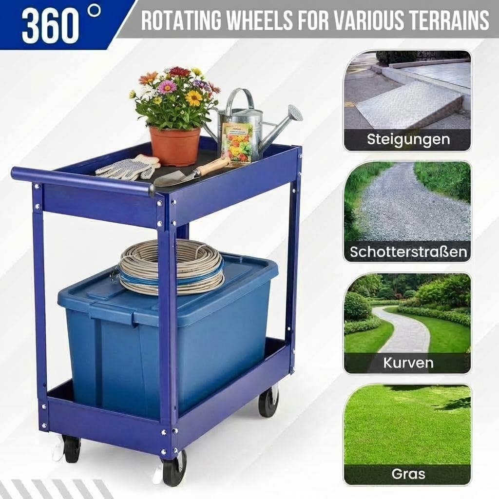 Werkzeugwagen Rollbar 2 Ebenen, Bis 150 kg Belastbar, Metall Werkstattwagen Mit Rollen, Schwerlast S