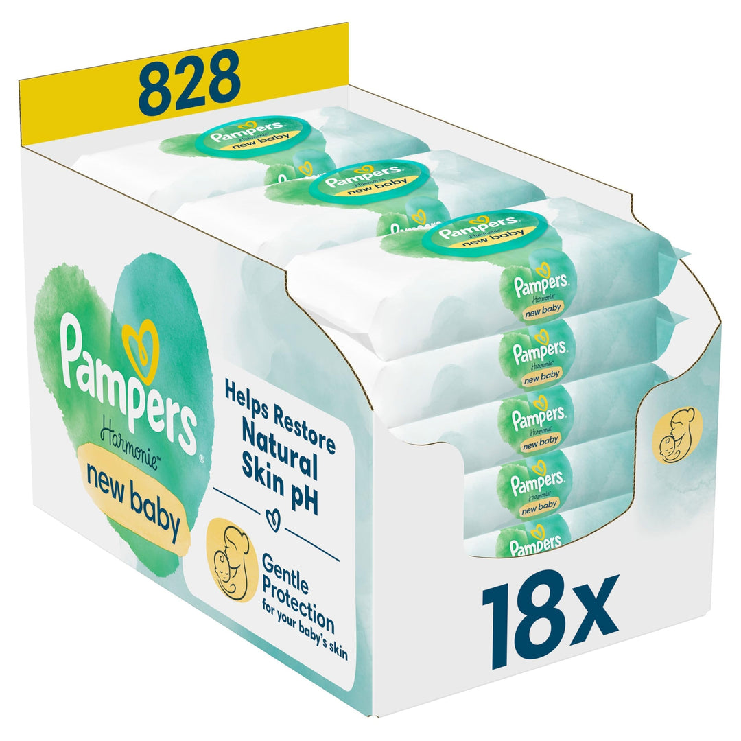 Pampers Harmonie New Baby Feuchttücher 18 Packungen mit jeweils 46 Feuchttüchern = 828 Feuchttücher,