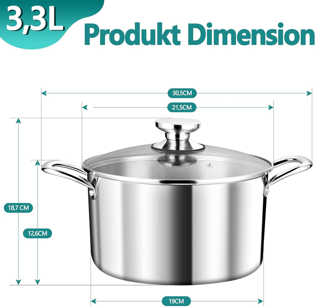 TEAMFAR Kochtopf, 20cm Topf Induktion aus 3-Lagen Edeastahl, 3,3L Nudeltopf Fleischtopf mit Glasdeck