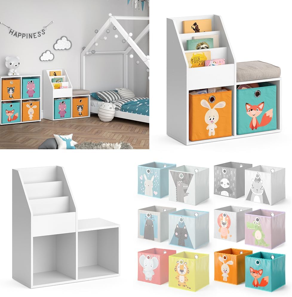 Vicco Kinderregal Luigi, Weiss, 72 x 79 cm Mini, mit 2 Faltboxen Opt.1 Weiss 72x79 mit Faltboxen Fuc