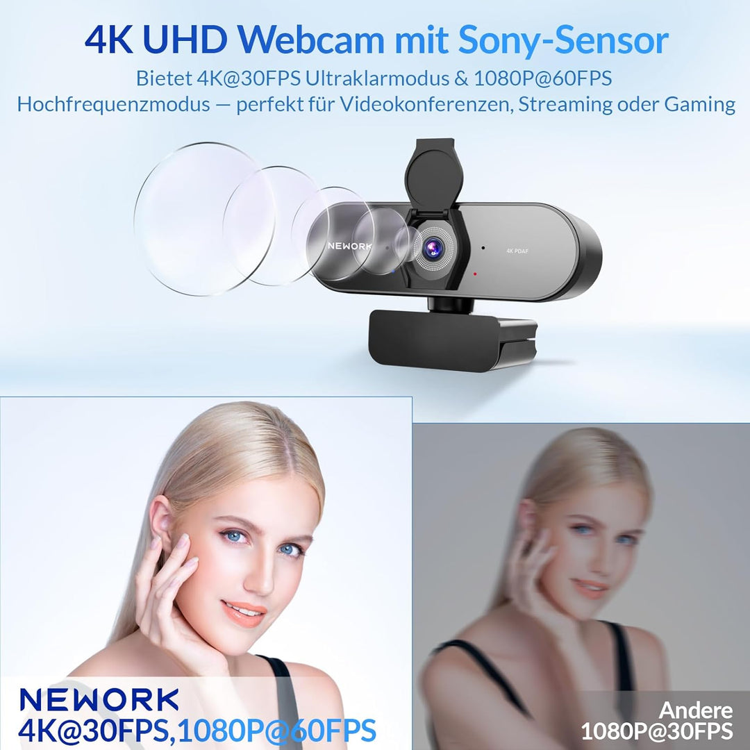 4K Webcam Mit PDAF & CDAF Dual-Autofokus, Ultra HD 4K, 2 Rauschunterdrückungs-Mikrofone, Automatisch