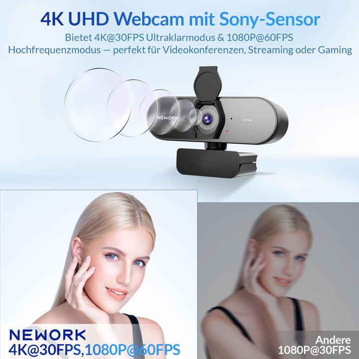 4K Webcam Mit PDAF & CDAF Dual-Autofokus, Ultra HD 4K, 2 Rauschunterdrückungs-Mikrofone, Automatisch