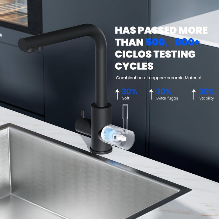 DAYONE Schwarz 3 Wege Wasserhahn mit Filter, SUS304 Edelstahl Trinkwasserhahn, 360 Drehbarer Wasserh