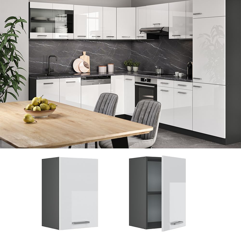 Vicco Hängeschrank R-Line, hängender Küchenschrank, Weiss Hochglanz/Anthrazit, 40 cm Weiss Hochglanz