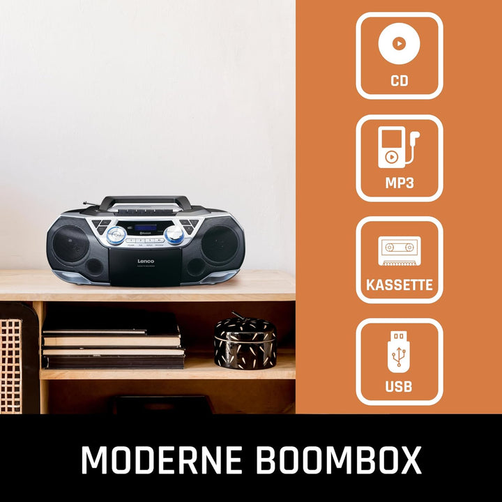 Lenco SCD-720 - Boombox DAB+ - Bluetooth 5.0 - Toploader CD/MP3-Player - Kassettendeck - FM Radio -