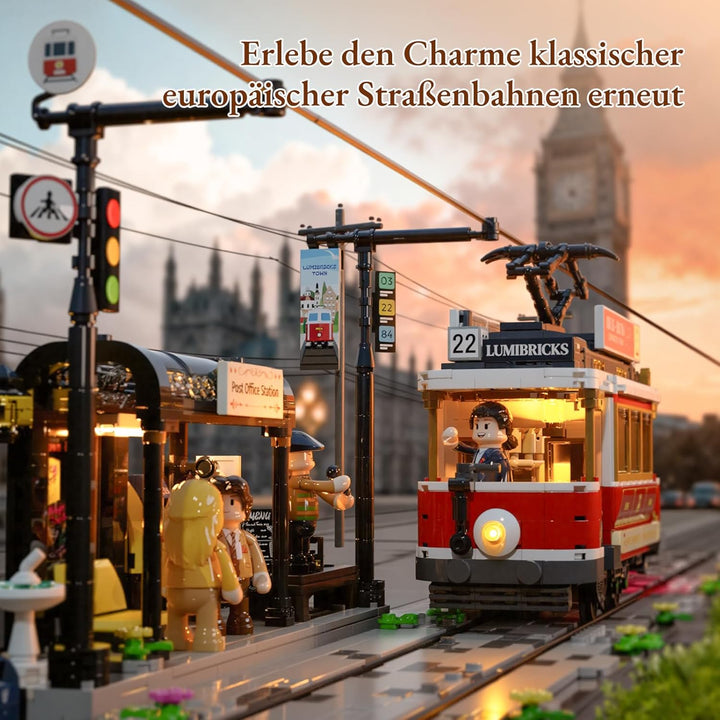 Lumibricks Heritage-Strassenbahn und -Haltestelle Bausatz mit Licht, Vintage-Dekor,kompatibel mit Mo