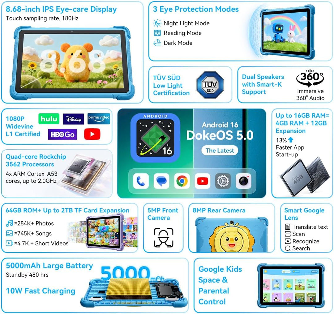 Blackview Link 1 Kids, Kinder-Tablet Android 16 AI, 12GB+64GB(2TB Extern), 3 x KI-Smart-Assistenz, 8