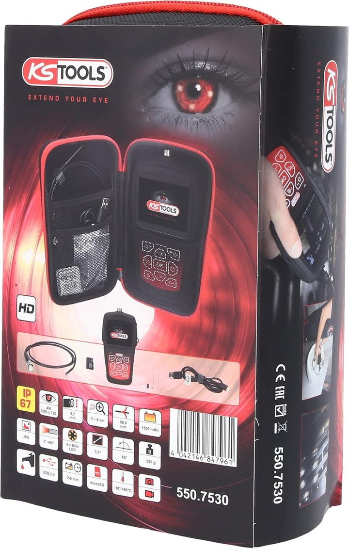KS Tools 550.7530 HD-Videoskop-Satz mit Ø 4,5 mm 0° und 90° HD Frontkamera-Sonde, umschaltbar, 7-tlg
