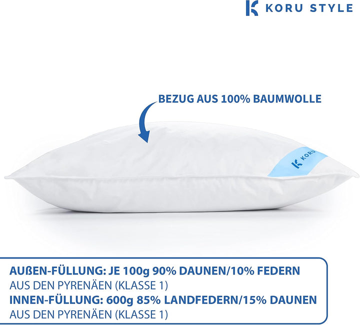 Koru Style Premium 3 Kammer Kopfkissen 80x80 – Grösse 80x80 cm - Federkissen Daunenkissen – Daunen u