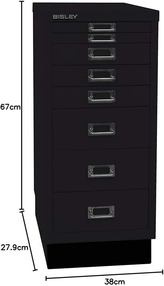 BISLEY MultiDrawer, 29er Serie mit Sockel, DIN A4, 8 Schubladen, Metall, 633 Schwarz, 38 x 27.9 x 67