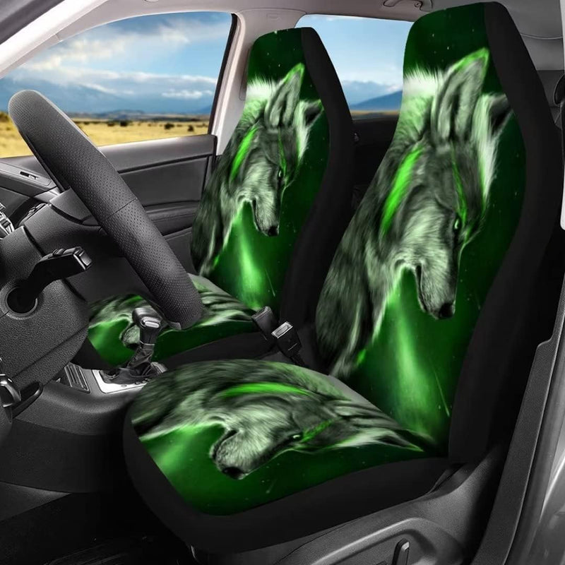 chaqlin Galaxy Green Wolf Auto Sitzbezug Set,4 Pcs Universal Auto Vordersitzbezüge Tier Wolf Hinter