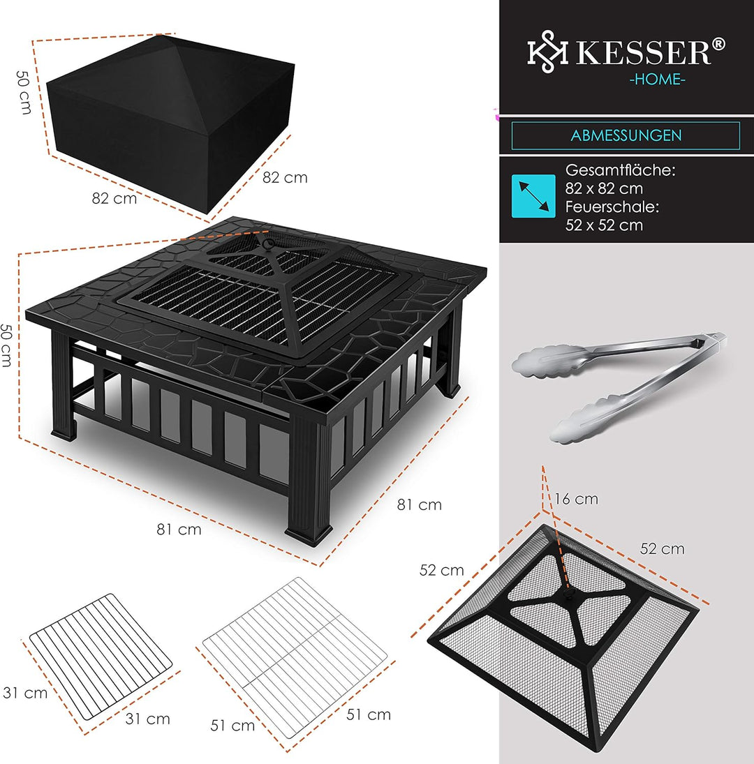 KESSER® Feuerstelle mit Grillrost & Grillzange Feuerschale 82x82x50cm, 3in1 Multifunktional Fire Pit