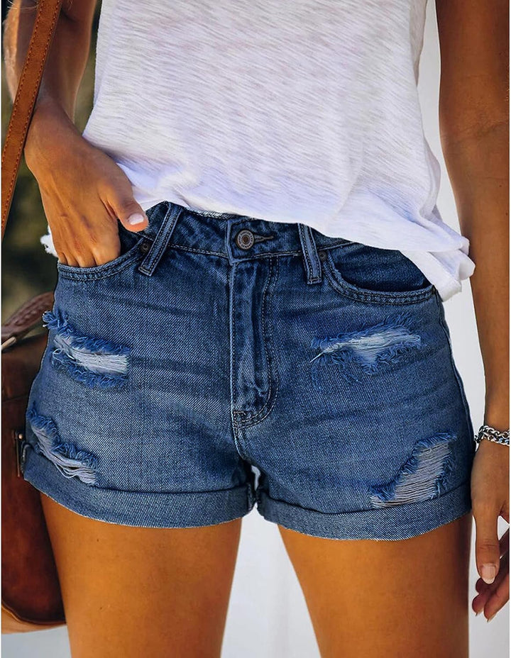 Denim-Shorts für Frauen, zerrissene mittlere Taille, dehnbarer gefalteter Saum, kurze Jeans, lässige