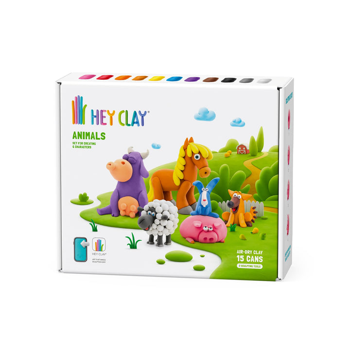 Hey Clay Animals-Set – bunte Modellier-Kinder – lufttrockenes Ton-Set 15 Dosen und Modellierwerkzeug