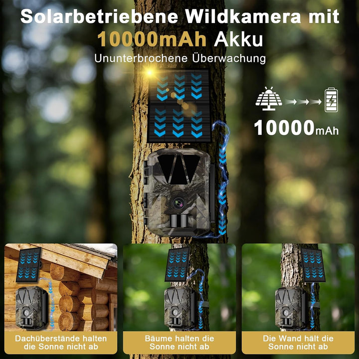 Wildkamera WLAN 5K/64MP mit Wiederaufladbare 10000mAh Akku | Wildtierkamera Solar, Handyübertragung