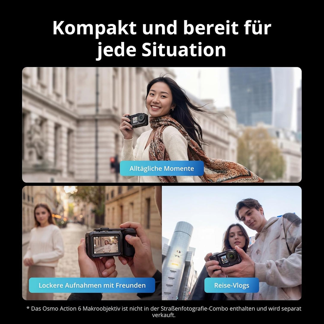 DJI Osmo Action 6 Strassenfotografie-Combo, Unterwasser-Action-Cam mit Handgriff und Zubehörschuh-Au