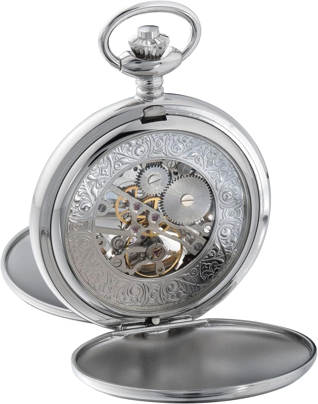 Eichmüller Taschenuhr mechanisch Doppeldeckel teilskeletttiert beiseitig aufklappbar Silber, Silber
