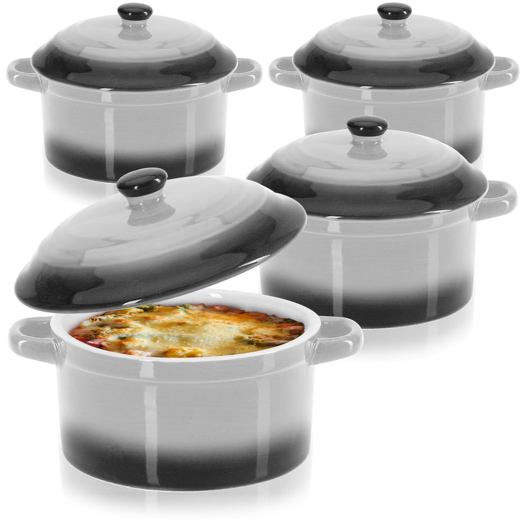 com-four® 4x Auflaufform mit Deckel aus Keramik - Dessertschale für Crème Brûlée - Mini-Schmortopf f