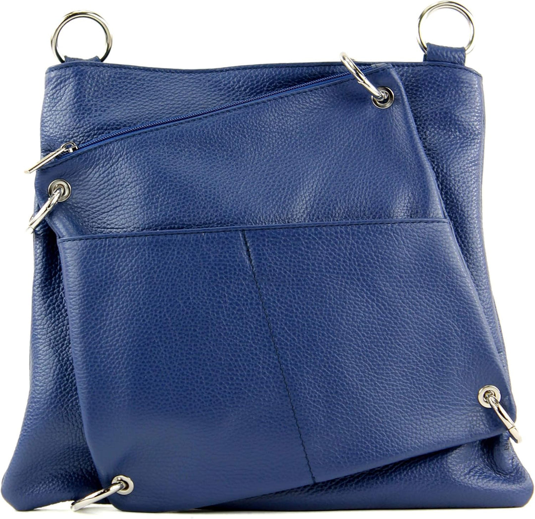 modamoda de - T140 - ital Messengertasche Umhängetasche 2in1 Leder Saphirblau, Saphirblau