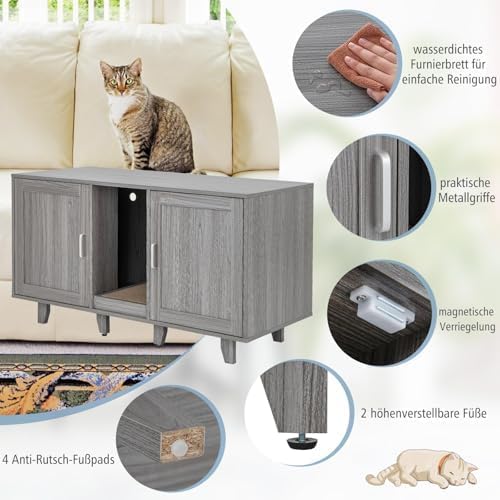FANTASK Katzenschrank mit 2 Türen & Kratzbrett & Eingang, Katzenmöbel Beistelltisch für 2 Katzen, 12