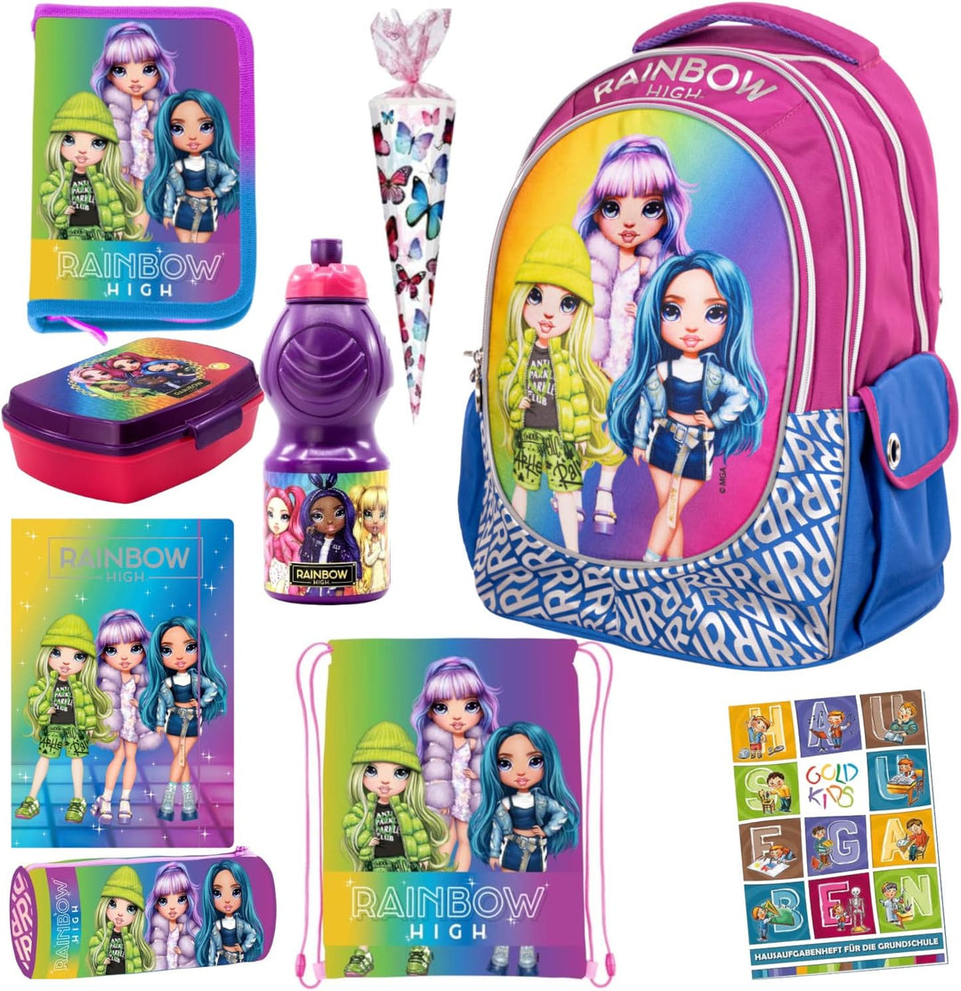 Goldkids Set 9er Rainbow High Motiv Schulranzen Ranzen Federmappe Turnbeutel Brotdose Trinkflasche S