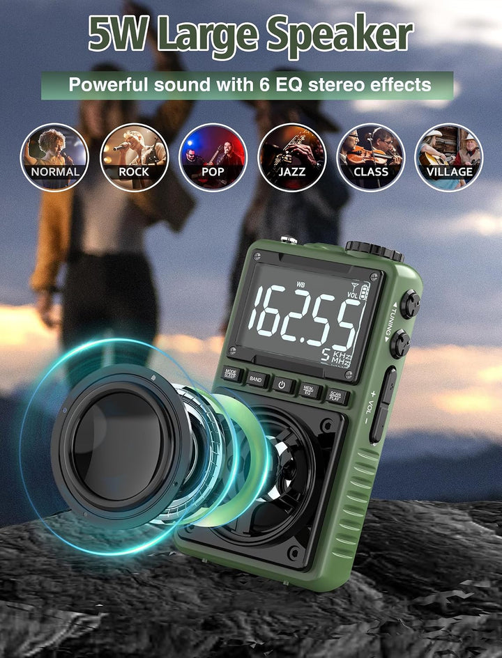 Bluetooth AM FM Kurzwellenradio mit NOAA Wetteralarm, 1250 mAh, wiederaufladbares, tragbares Taschen
