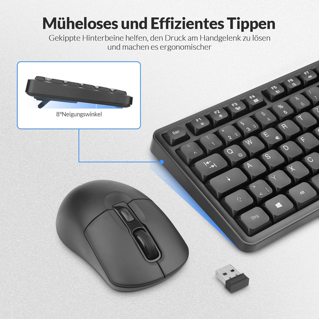 Rii Tastatur Maus Set Kabellos, 2.4 GHz Leise Funktastatur mit Maus, Wireless Keyboard and Mouse, fü