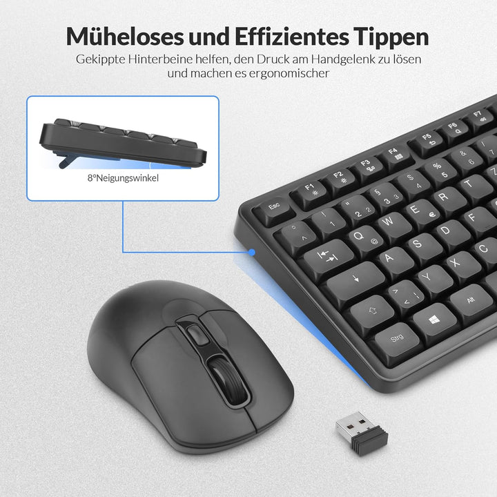 Rii Tastatur Maus Set Kabellos, 2.4 GHz Leise Funktastatur mit Maus, Wireless Keyboard and Mouse, fü